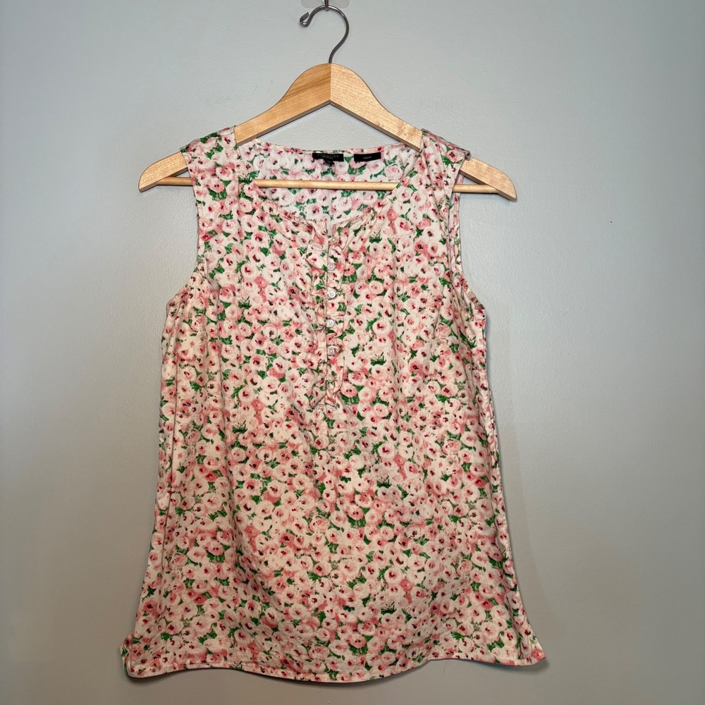 Talbots Womens Pink Floral Ruffle Button Front Sleeveless Blouse Shell Size 12